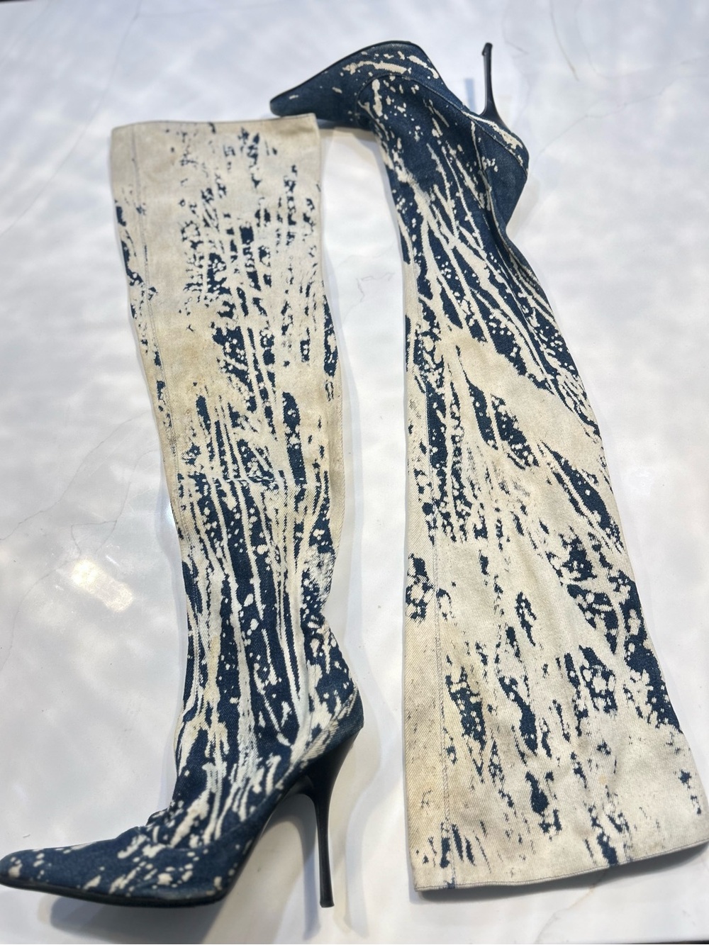 Roberto Cavalli Navy and Cream Splatter-Print Over-the-Knee Stiletto Boots